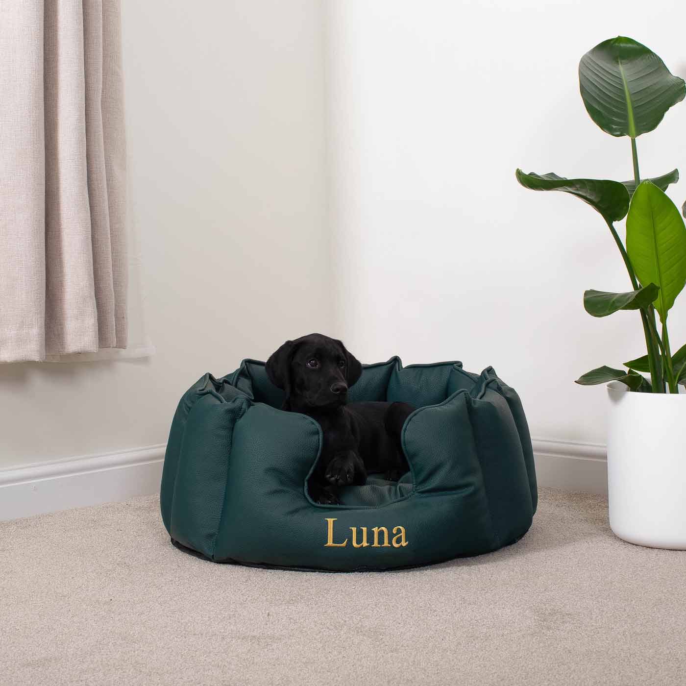 Luxury Handmade High Wall in Rhino Tough Jungle Faux Leather, in Forest Green, Perfect For Your Pets Nap Time! Available To Personalize at Lords & Labradors US