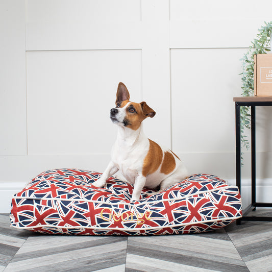 Luxury Dog Cushion, In Union Jack.  Order The Perfect Pet Cushion Today For The Ultimate Burrow! Available For Pet Personalization, Handmade Here at Lords & Labradors US!