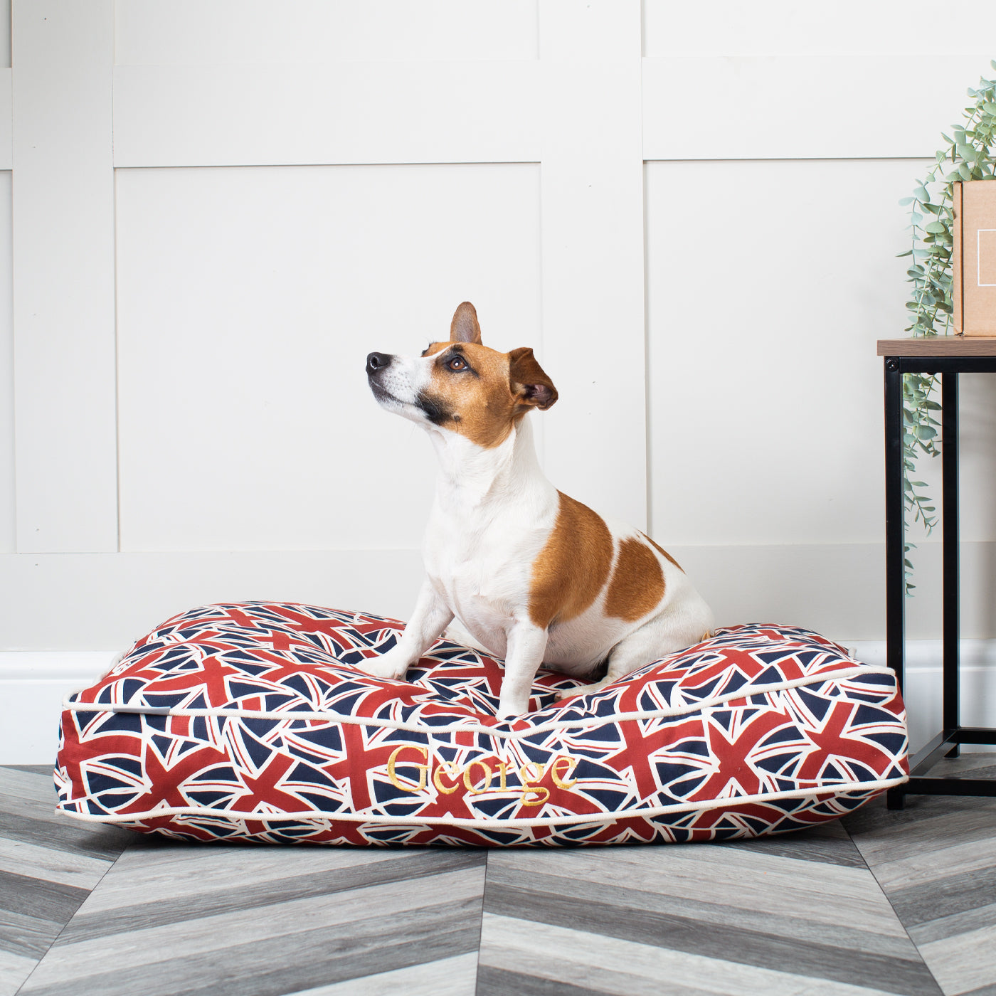 Luxury Dog Cushion, In Union Jack. Order The Perfect Pet Cushion Today For The Ultimate Burrow! Available For Pet Personalization, Handmade Here at Lords & Labradors US!