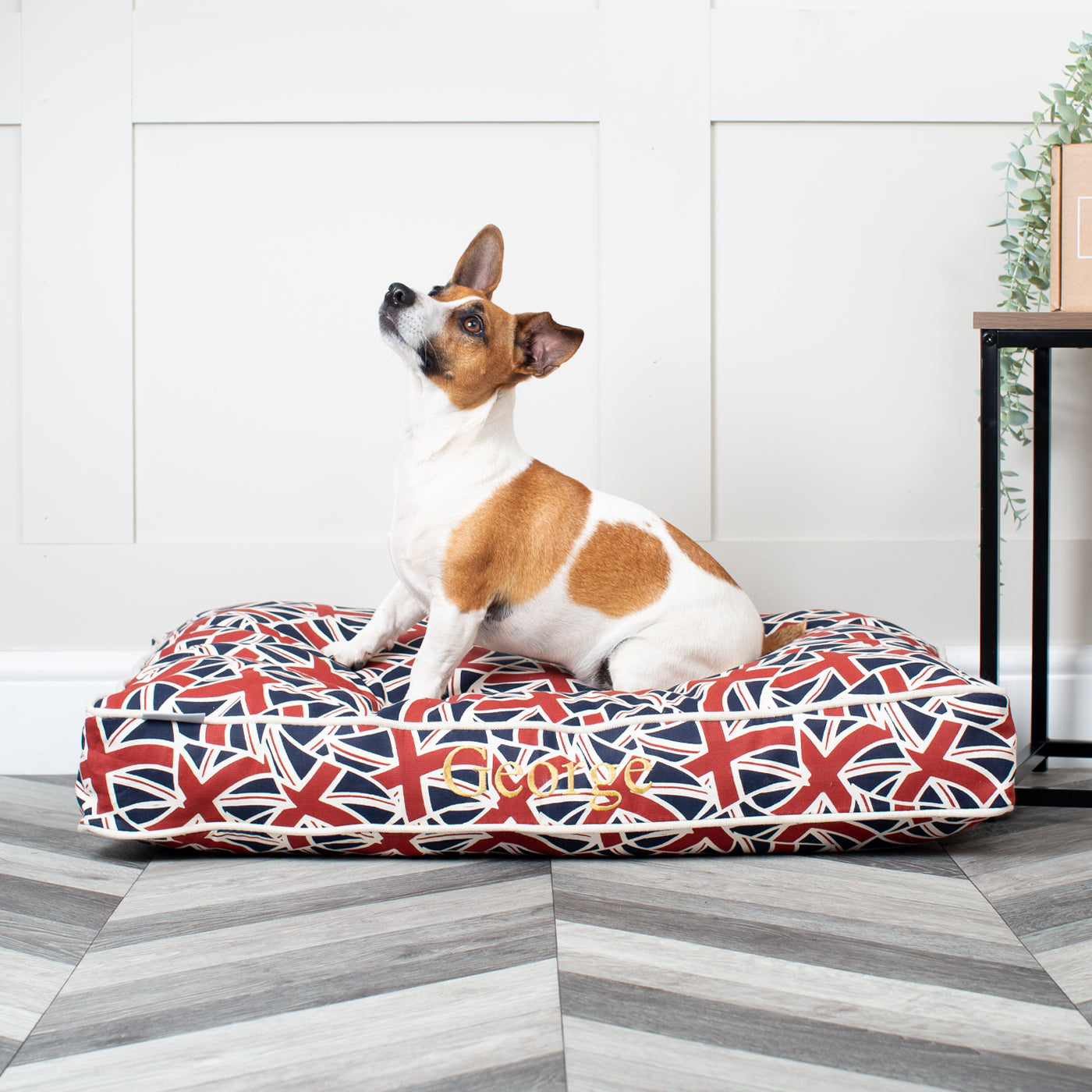 Luxury Dog Cushion, In Union Jack. Order The Perfect Pet Cushion Today For The Ultimate Burrow! Available For Pet Personalization, Handmade Here at Lords & Labradors US!