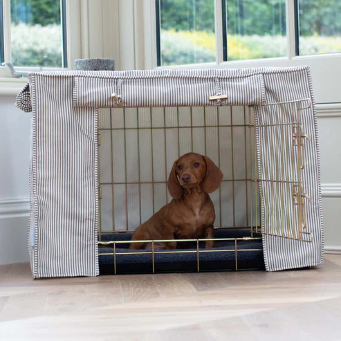 Luxury Gold Dog Cage With Regency Stripe Cage Cover, The Perfect Dog Crate For The Ultimate Naptime, Available Now at Lords & Labradors US