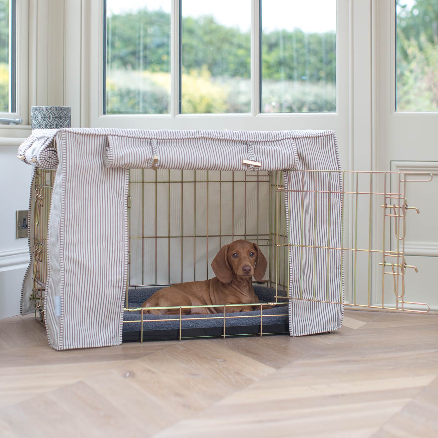 Luxury Gold Dog Cage With Regency Stripe Cage Cover, The Perfect Dog Crate For The Ultimate Naptime, Available Now at Lords & Labradors US