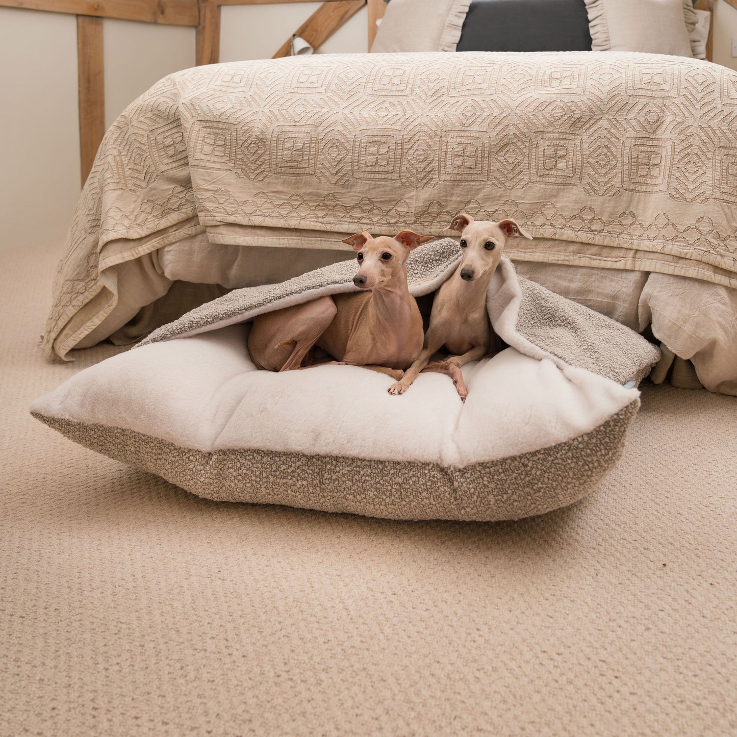 Luxury Mink Boucle Sleepy Burrows, The Perfect bed For a Pet to Burrow. Available To Personalize In Stunning Mink Bouclé Here at Lords & Labradors US