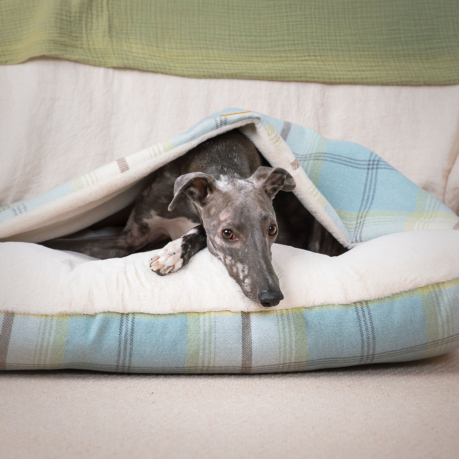 Discover The Perfect Burrow For Your Pet, Our Stunning Sleepy Burrow Dog Beds In Duck Egg Tweed Is The Perfect Bed Choice For Your Pet, Available Now at Lords & Labradors US