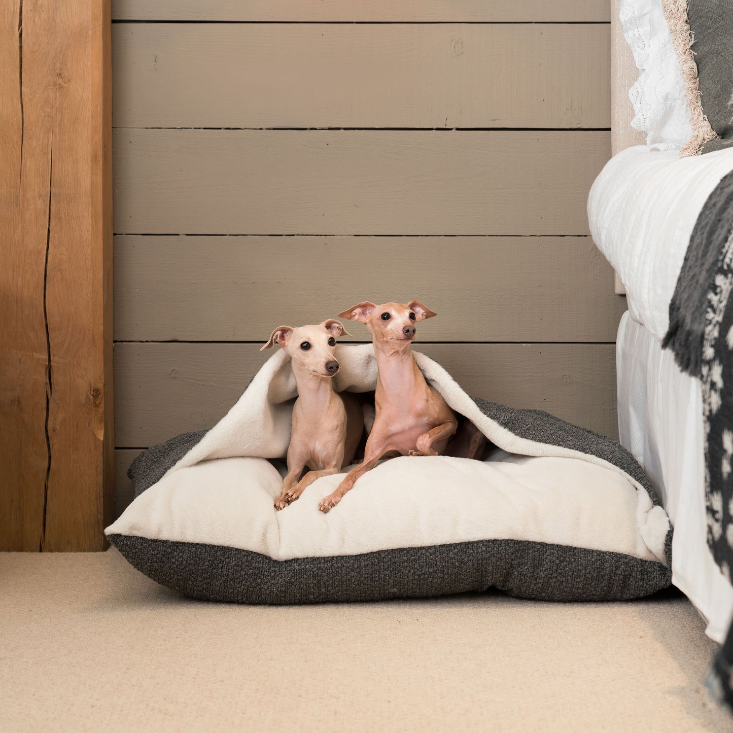 Luxury Granite Boucle Sleepy Burrows, The Perfect bed For a Pet to Burrow. Available To Personalize In Stunning Granite Bouclé Here at Lords & Labradors US
