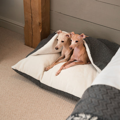 Luxury Granite Boucle Sleepy Burrows, The Perfect bed For a Pet to Burrow. Available To Personalize In Stunning Granite Bouclé Here at Lords & Labradors US