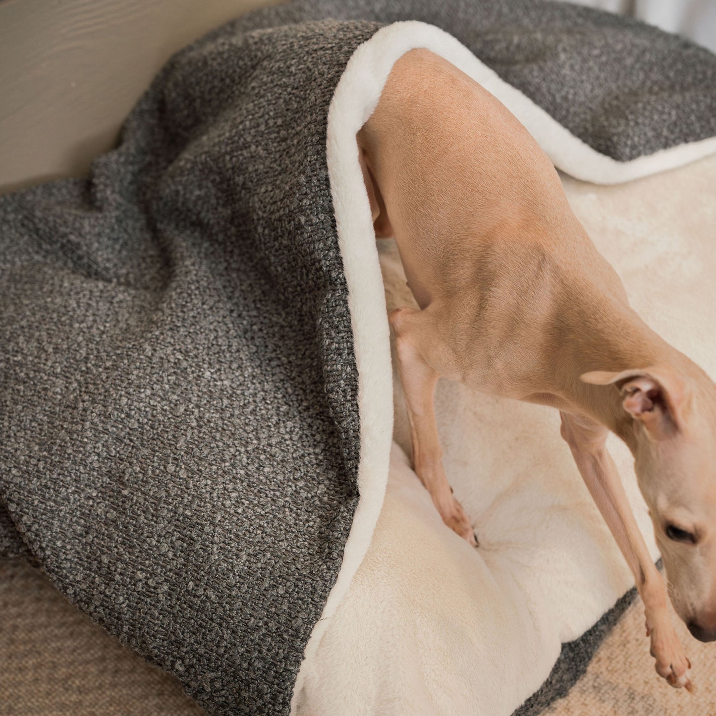 Luxury Granite Boucle Sleepy Burrows, The Perfect bed For a Pet to Burrow. Available To Personalize In Stunning Granite Bouclé Here at Lords & Labradors US