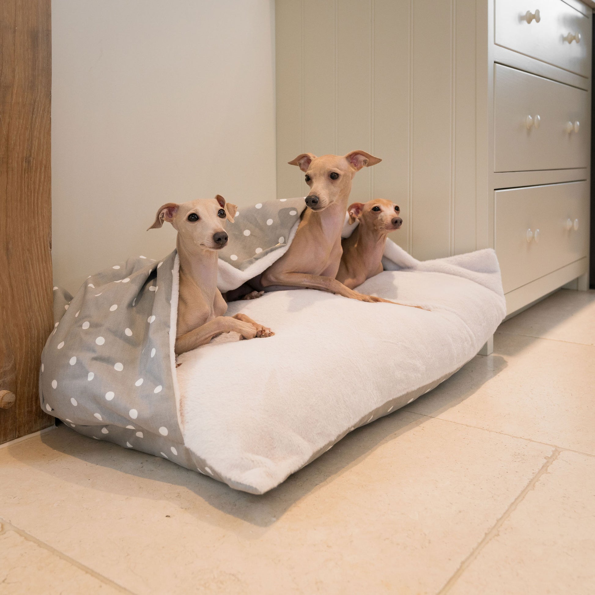 Discover The Perfect Burrow For Your Pet, Our Stunning Sleepy Burrow Dog Beds In Grey Spot, Is The Perfect Bed Choice For Your Pet, Available Now at Lords & Labradors US