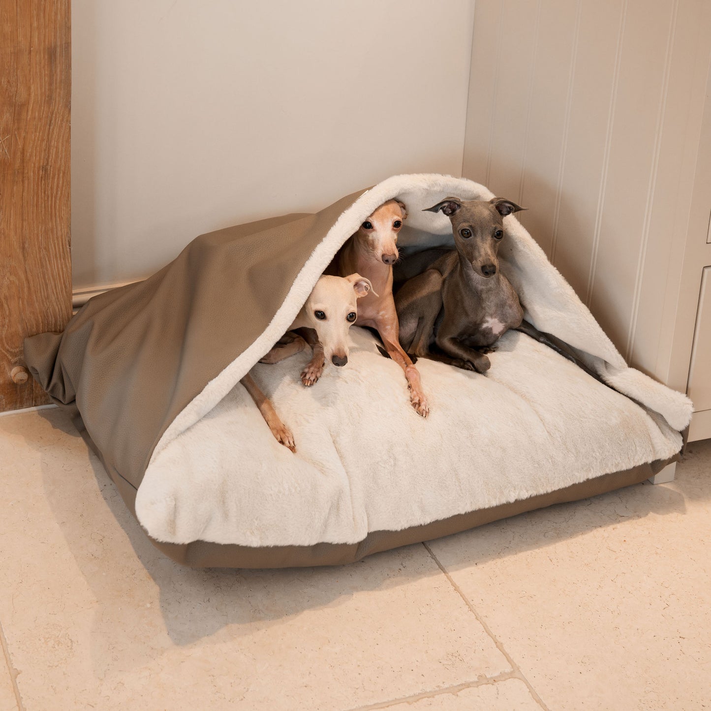 Discover The Perfect Burrow For Your Pet, Our Stunning Sleepy Burrow Dog Beds In Rhino Camel, Is The Perfect Bed Choice For Your Pet, Available Now at Lords & Labradors US