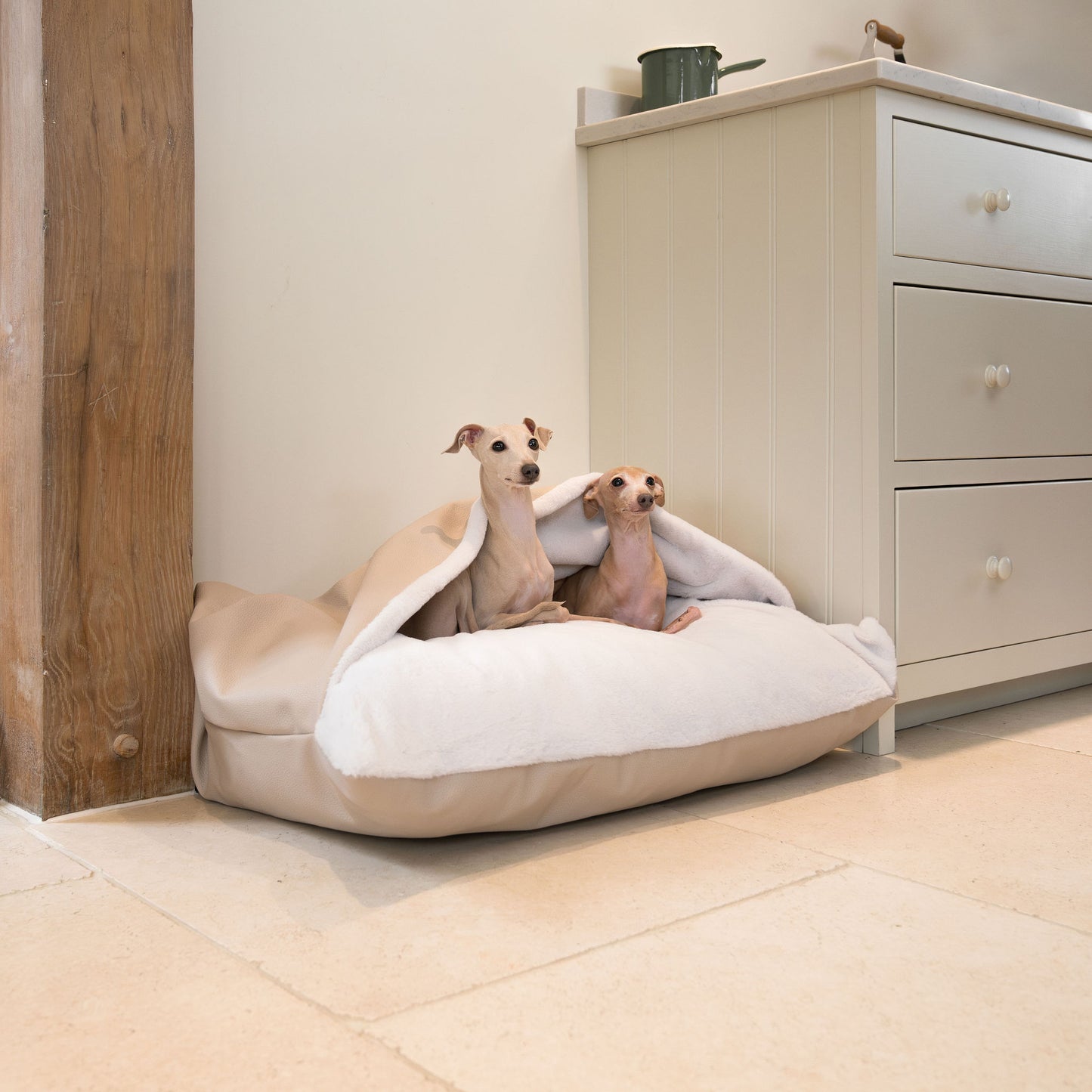 Discover The Perfect Burrow For Your Pet, Our Stunning Sleepy Burrow Dog Beds In Rhino Sand, Is The Perfect Bed Choice For Your Pet, Available Now at Lords & Labradors US