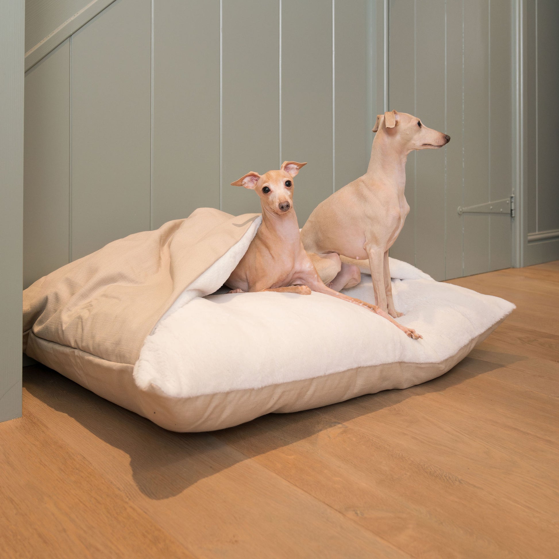 Luxury Savanna Sleepy Burrow, The Perfect bed For a Pet to Burrow. Available To Personalize In Stunning Savanna Oatmeal, Here at Lords & Labradors US