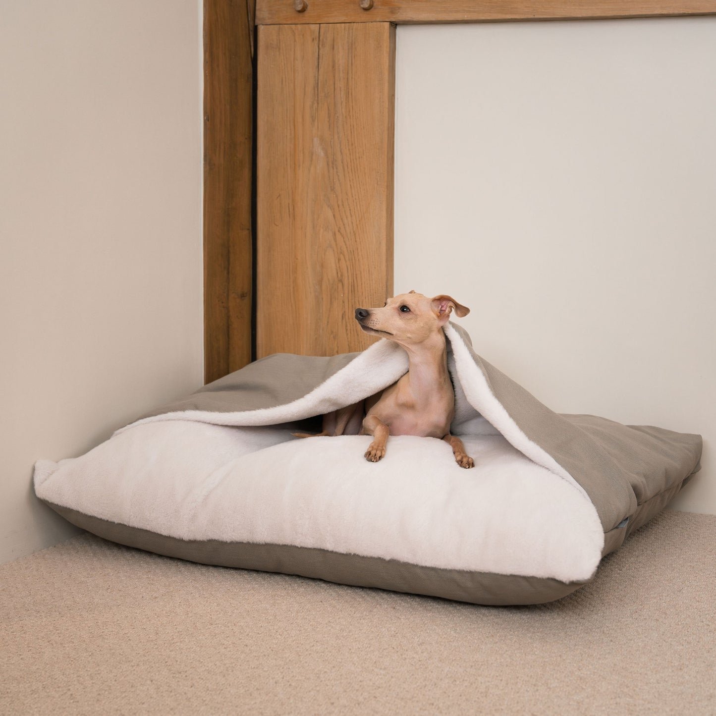 Luxury Savanna Sleepy Burrow, The Perfect bed For a Pet to Burrow. Available To Personalize In Stunning Savanna Stone, Here at Lords & Labradors US