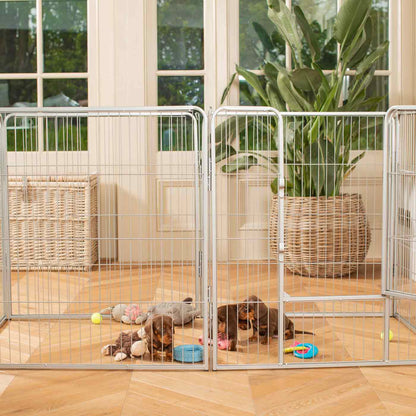 Ensure The Ultimate Puppy Safety with Our Heavy Duty 80cm High Silver Metal Play Pen, Crafted to Take Your Pet Right Through Maturity! Powder Coated to Be Extra Hardwearing! 6 panels that are 80cm high and attachments to connect to any cage. The modular system allows you to change the puppy pen shape with multiple layouts! Available To Now at Lords & Labradors US