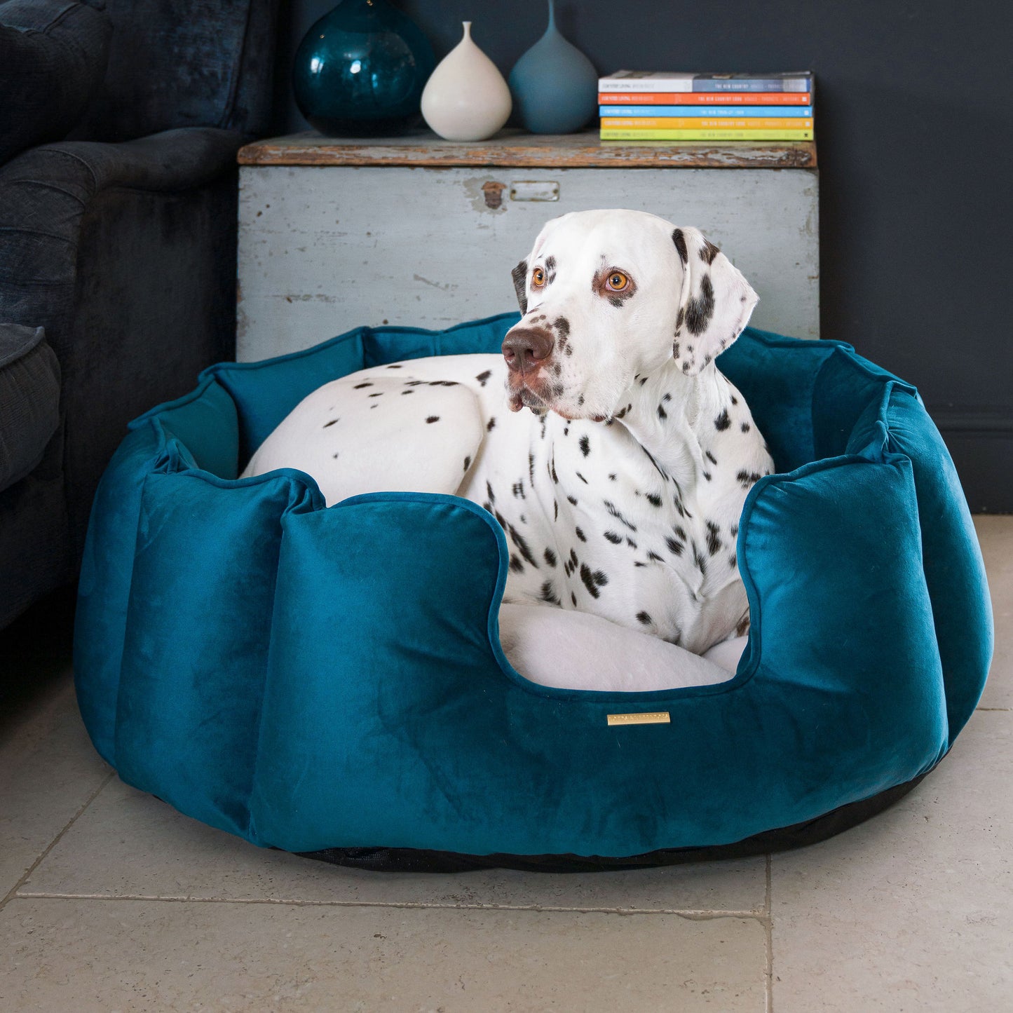 High Wall Dog Bed In Marine Velvet By Lords & Labradors