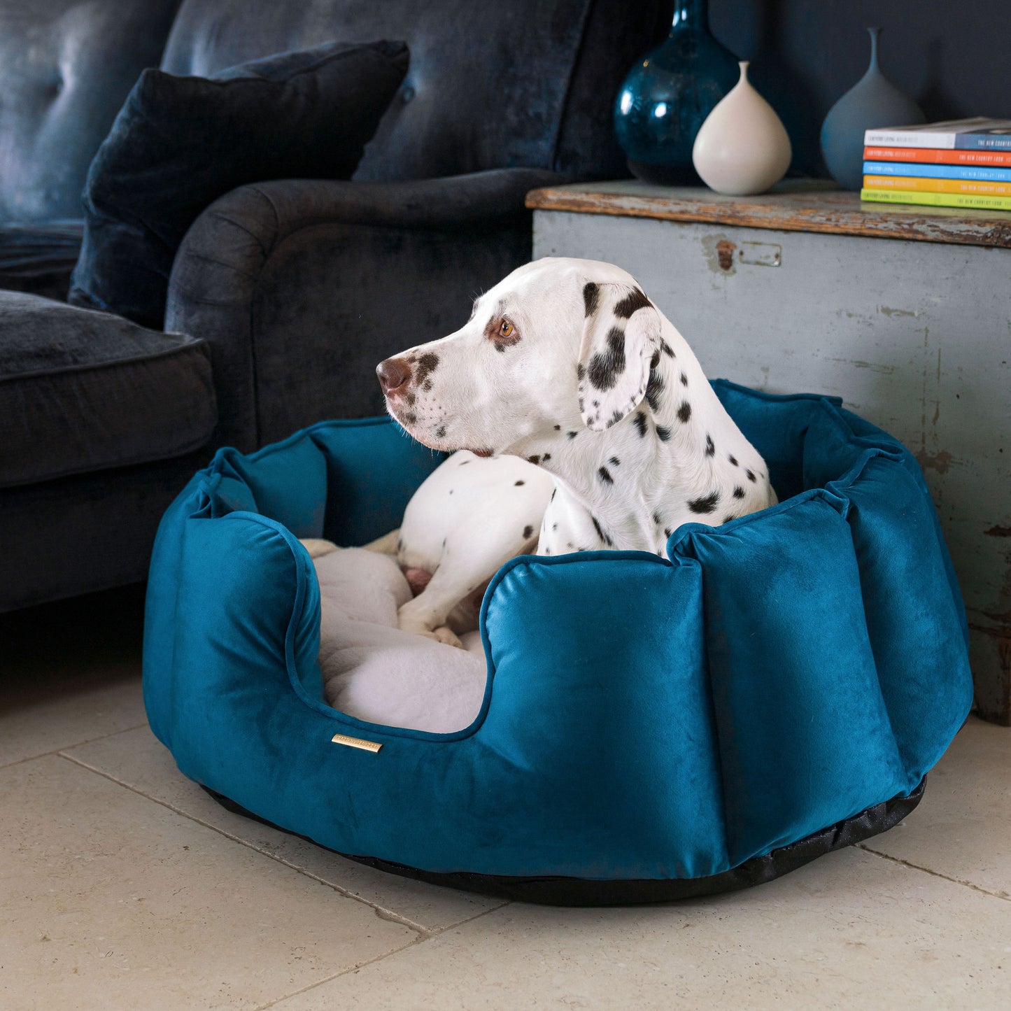 High Wall Dog Bed In Marine Velvet By Lords & Labradors