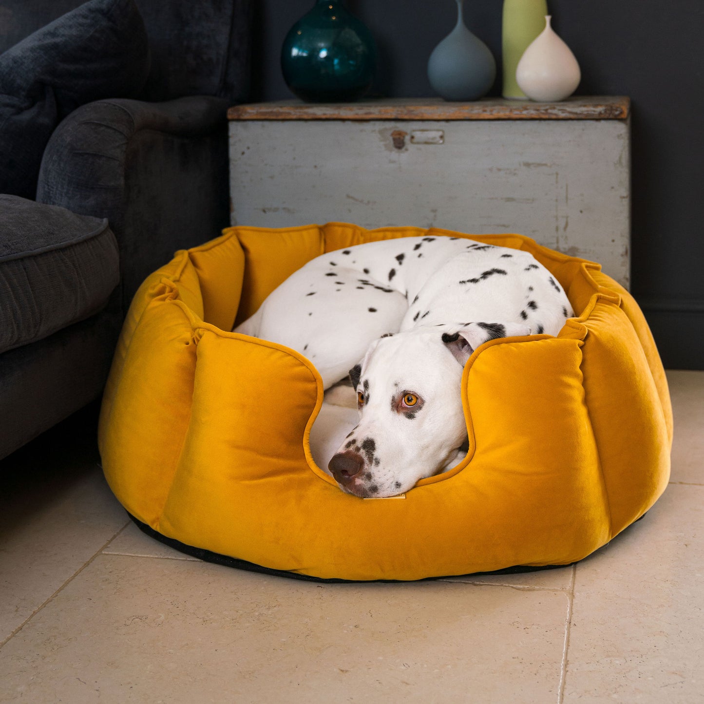 High Wall Dog Bed In Saffron Velvet By Lords & Labradors