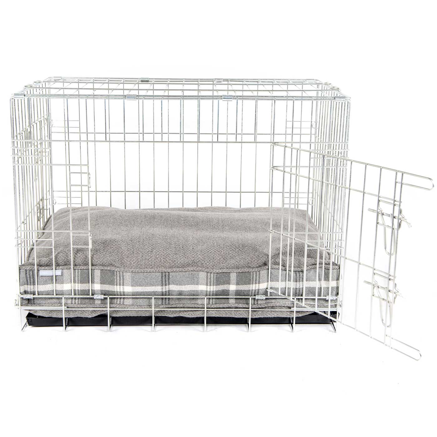 Luxury Dog Cage Cushion, Balmoral Dove Grey Tweed Cage Cushion. The Perfect Dog Cage Accessory, Available To Personalize Now at Lords & Labradors US