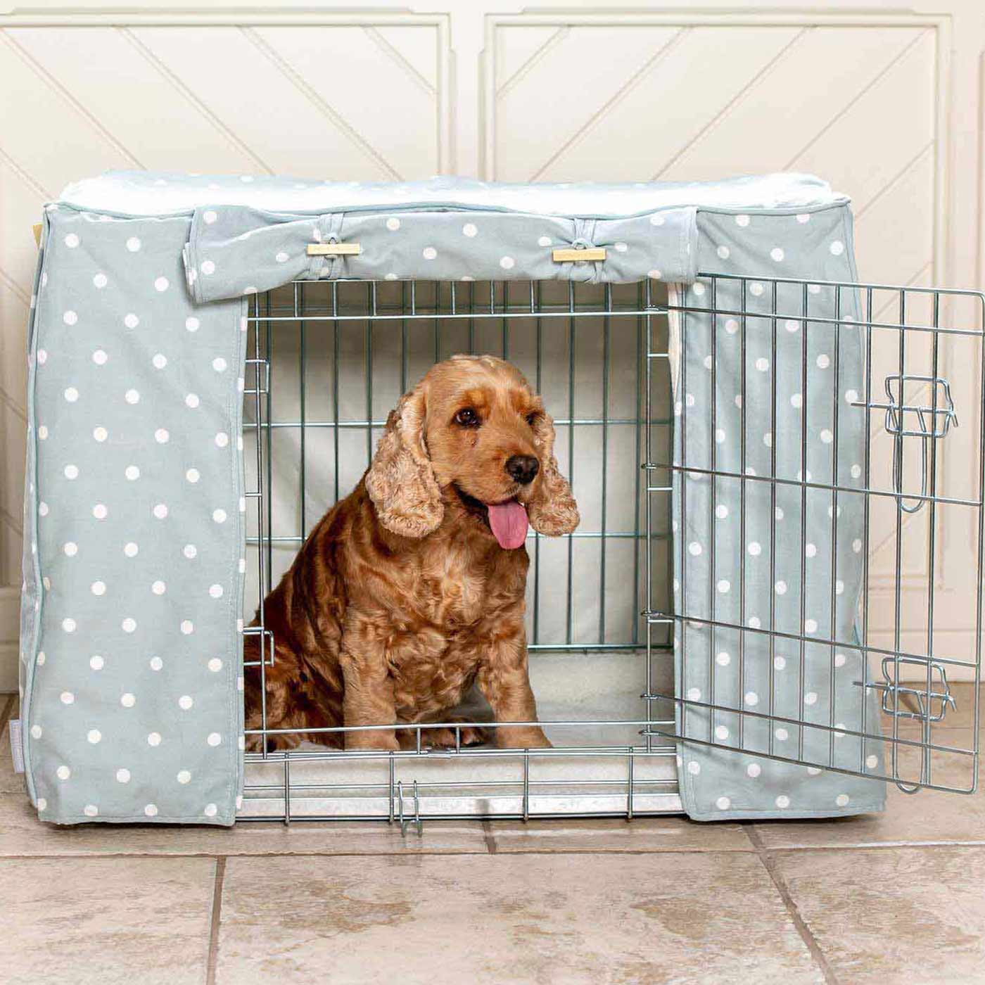 Luxury Silver Dog Cage With Cage Cover, in Duck Egg Spot. The Perfect Dog Crate For The Ultimate Naptime, Available Now to Personalize at Lords & Labradors US