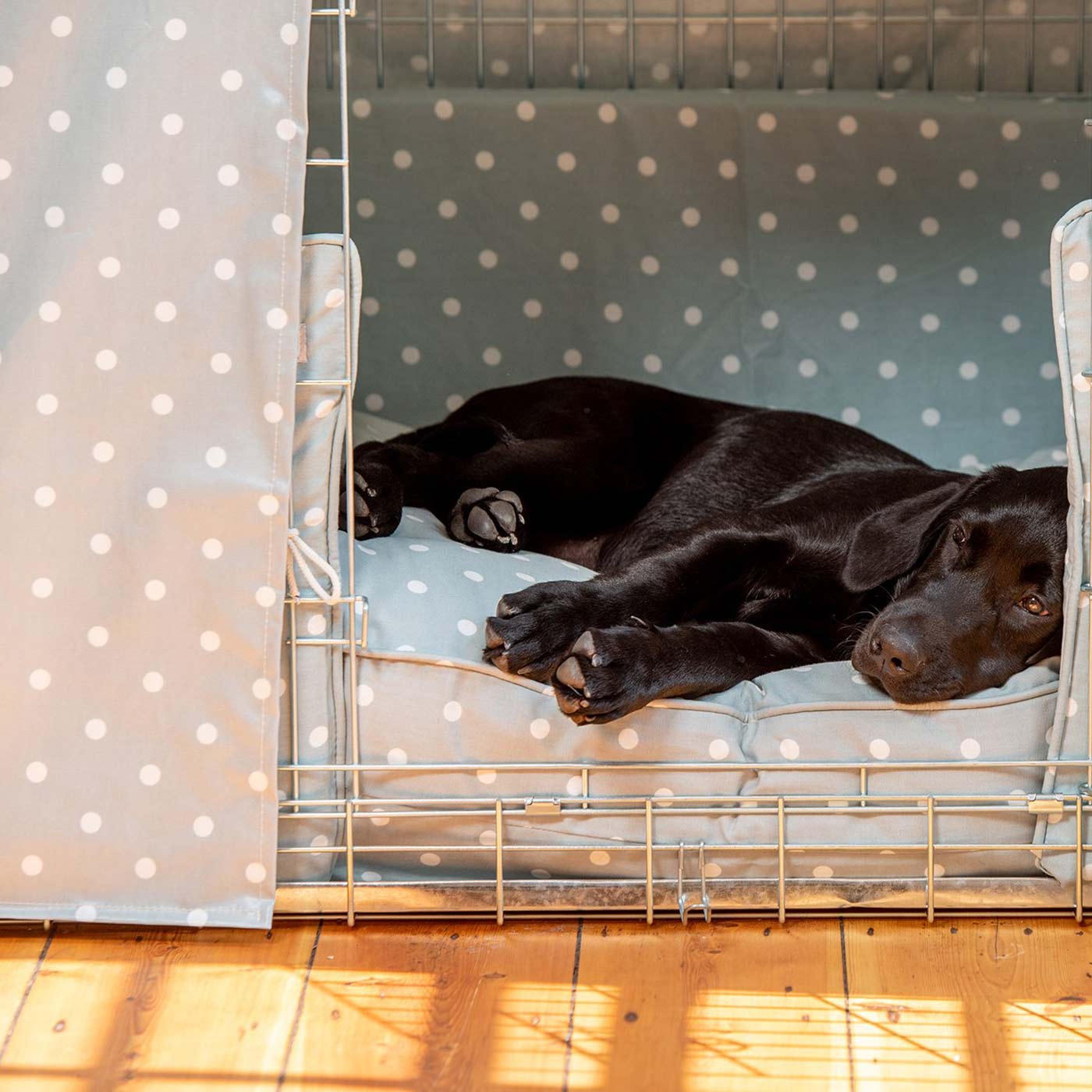 Luxury Heavy Duty Dog Cage, In Stunning Duck Egg Spot Oil Cloth Cage Set, The Perfect Dog Cage Set For Building The Ultimate Pet Den! Dog Cage Cover Available To Personalize at Lords & Labradors US