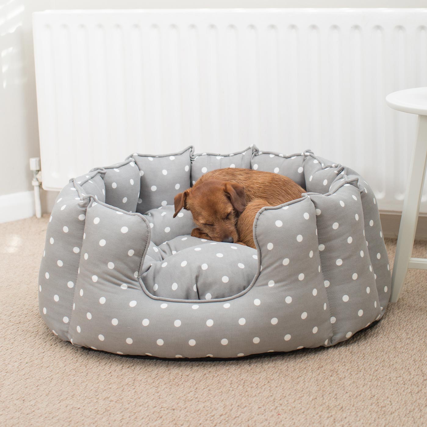 Discover Our Luxurious High Wall Bed For Dogs & Puppies, Featuring Reversible Inner Cushion With Teddy Fleece To Craft The Perfect Dog Bed In Stunning Grey Spot! Available To Personalize Now at Lords & Labradors US