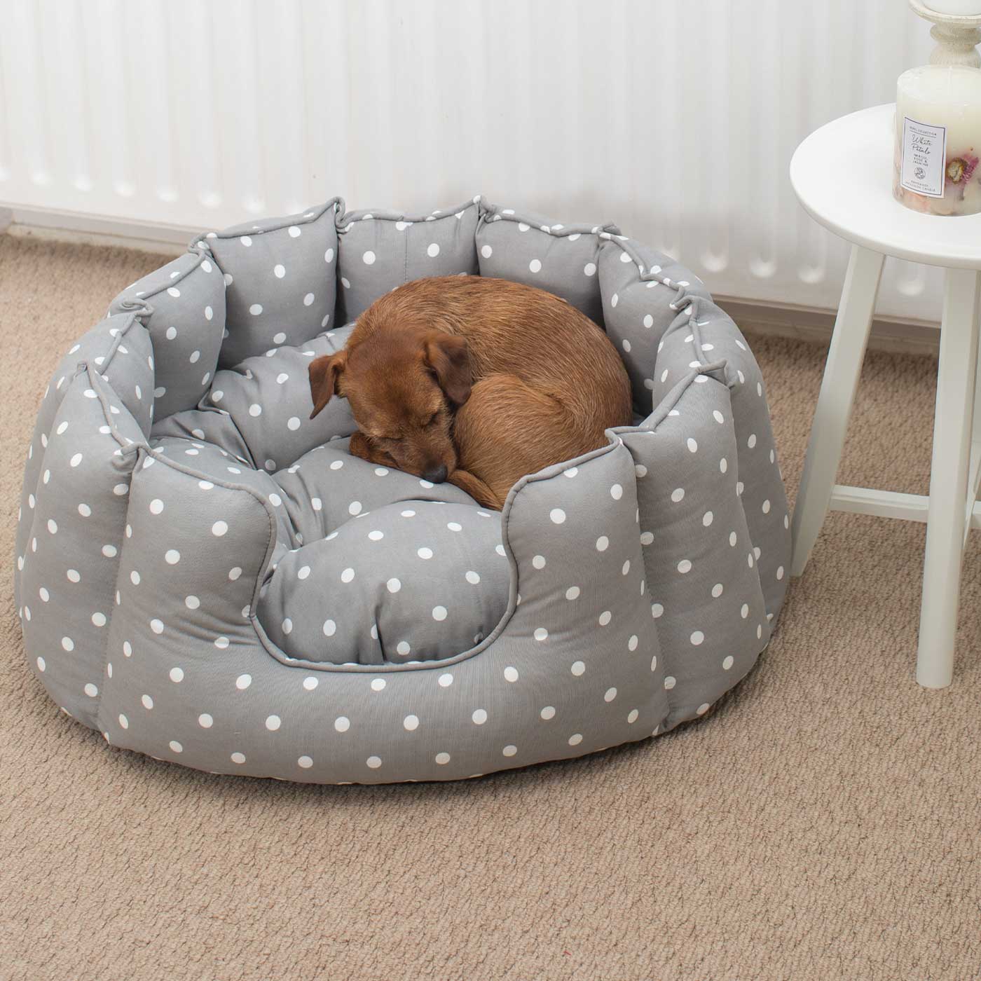 Discover Our Luxurious High Wall Bed For Dogs & Puppies, Featuring Reversible Inner Cushion With Teddy Fleece To Craft The Perfect Dog Bed In Stunning Grey Spot! Available To Personalize Now at Lords & Labradors US
