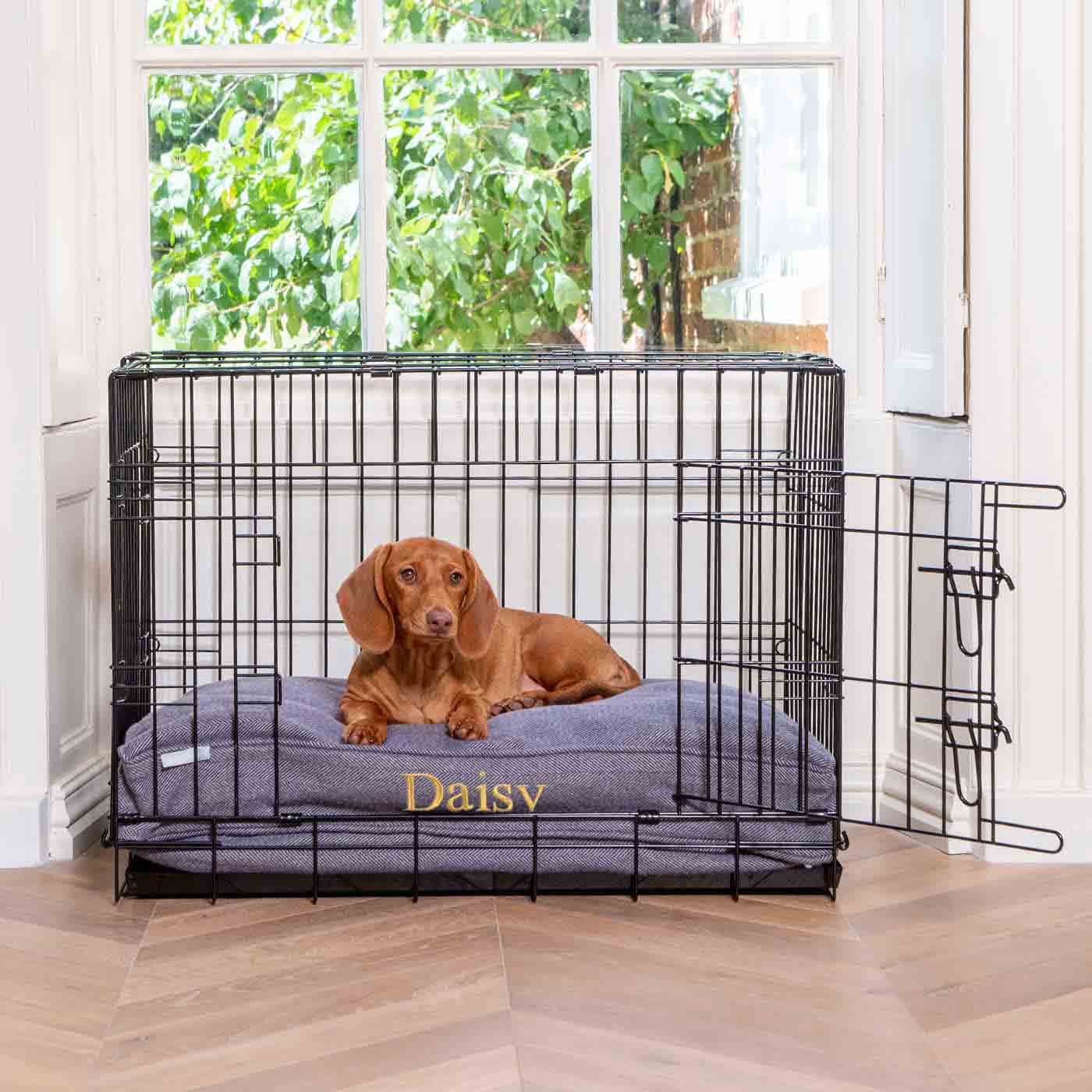 Luxury Dog Cage Cushion, Oxford Herringbone Tweed Cage Cushion The Perfect Dog Cage Accessory, Available To Personalize Now at Lords & Labradors US