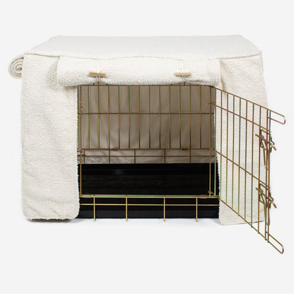 Discover Our Gold Heavy-Duty Dog Cage With Ivory Bouclé Cage Cover! The Perfect Cage Accessory For The Ultimate Pet Den. Available To Personalize Here at Lords & Labradors US
