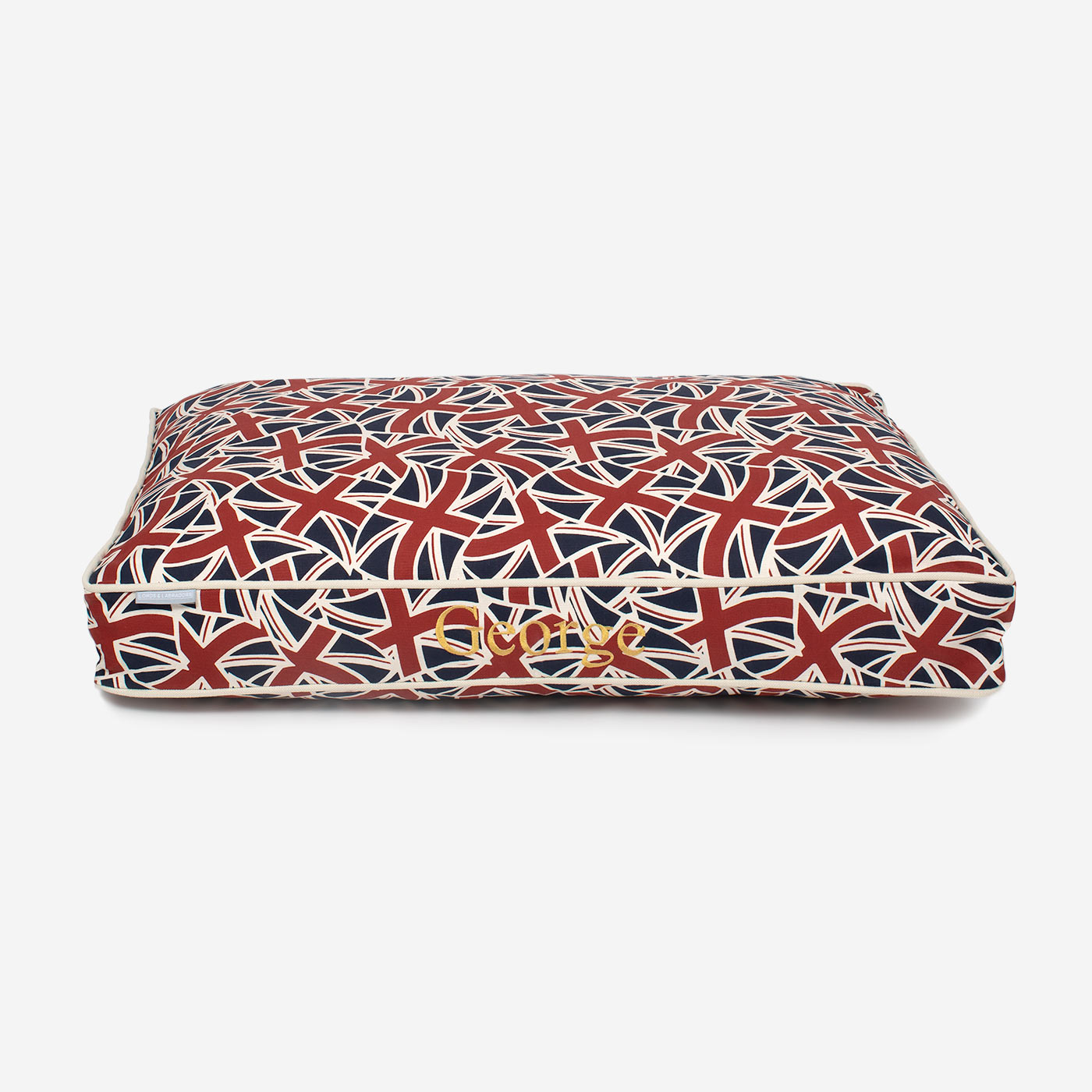 Luxury Dog Cushion, In Union Jack. Order The Perfect Pet Cushion Today For The Ultimate Burrow! Available For Pet Personalization, Handmade Here at Lords & Labradors US!