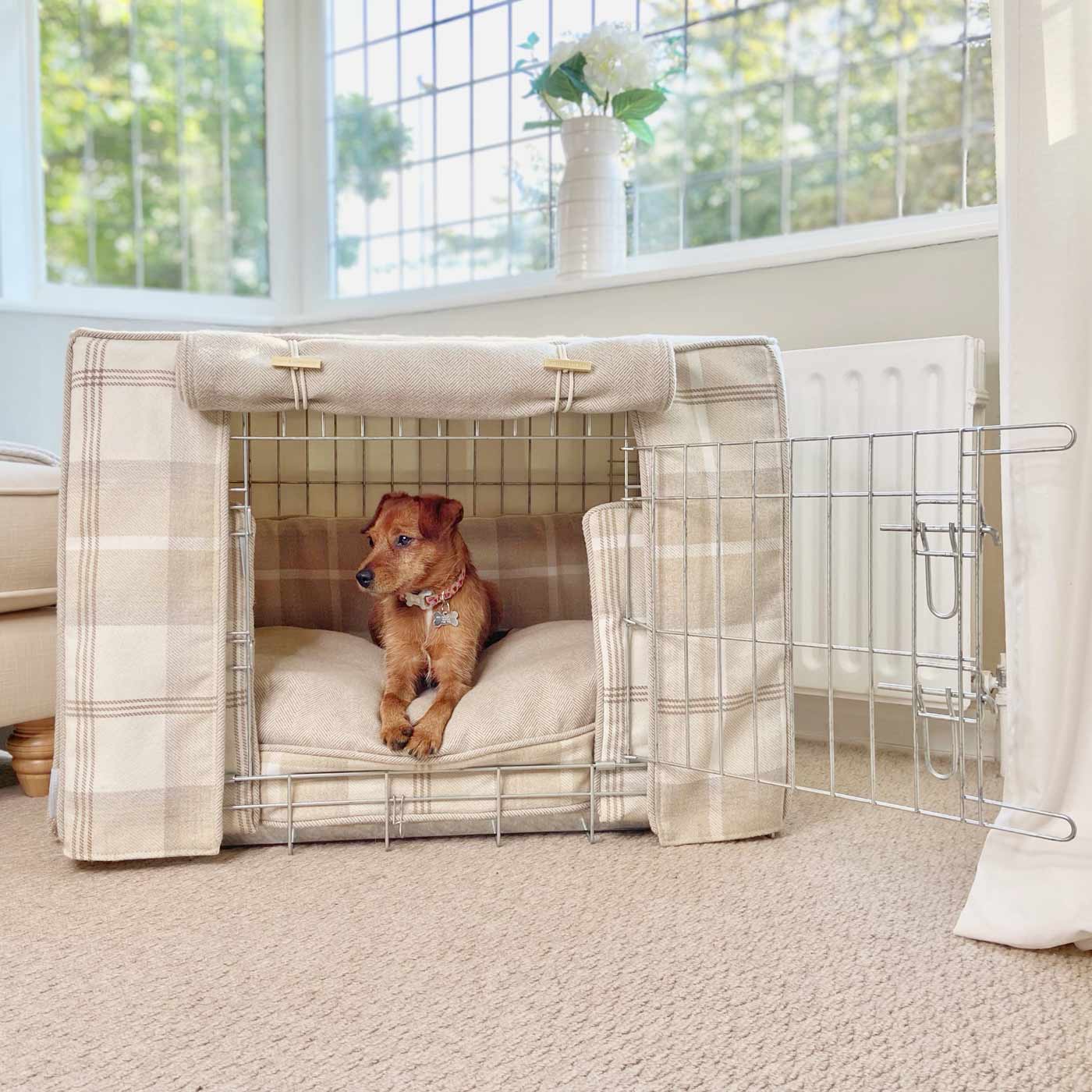 Balmoral Natural Tweed Cage Set, The Perfect Dog Cage Set For The Ultimate Naptime, Available To Personalize at Lords & Labradors US
