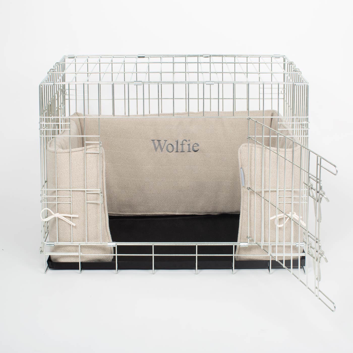 Luxury Dog Cage Bumper, Natural Herringbone Tweed Cage Bumper Cover The Perfect Dog Cage Accessory, Available To Personalize Now at Lords & Labradors US