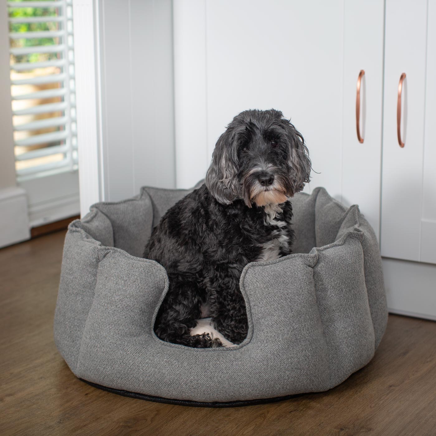 Discover Our Luxurious High Wall Bed For Dogs, Featuring inner pillow with plush teddy fleece on one side To Craft The Perfect Dogs Bed In Stunning Pewter Herringbone Tweed! Available To Personalize Now at Lords & Labradors US
