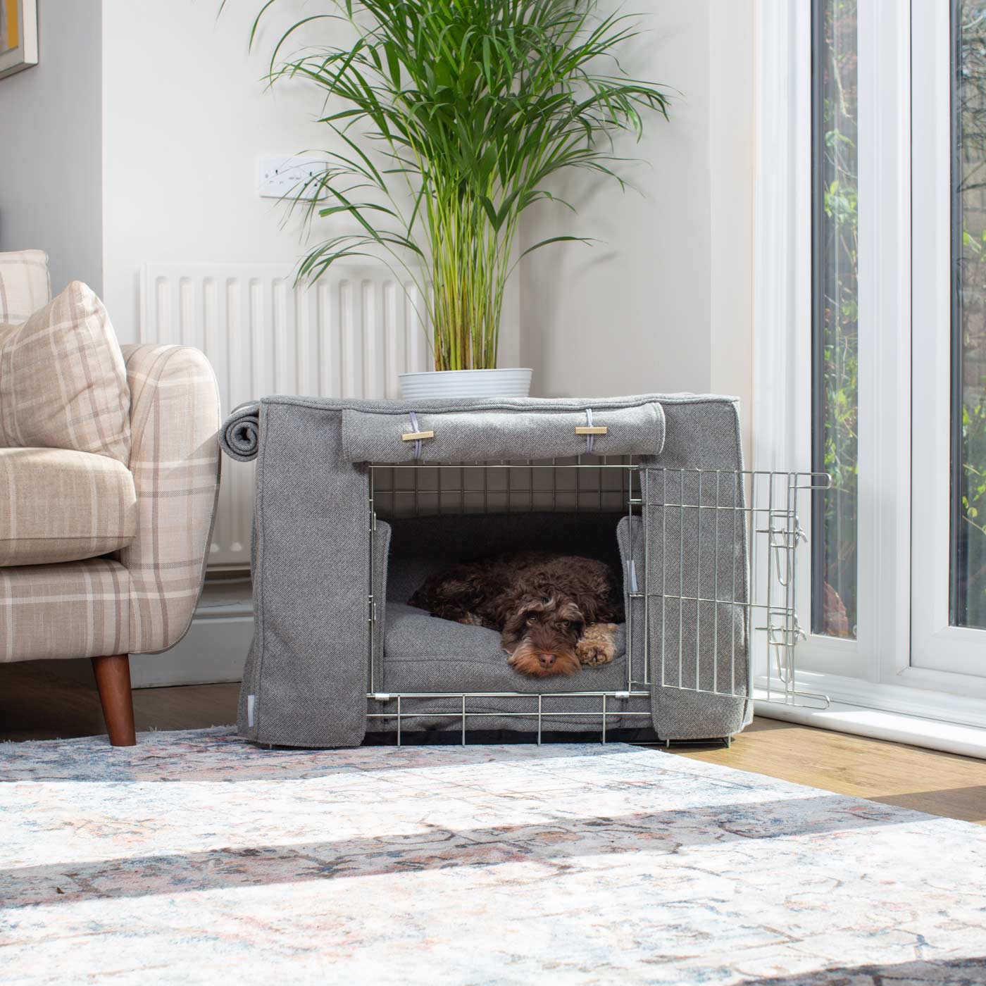 Luxury Heavy Duty Dog Cage, In Stunning Pewter Herringbone Tweed Cage Set, The Perfect Dog Cage Set For Building The Ultimate Pet Den! Dog Cage Cover Available To Personalize at Lords & Labradors US