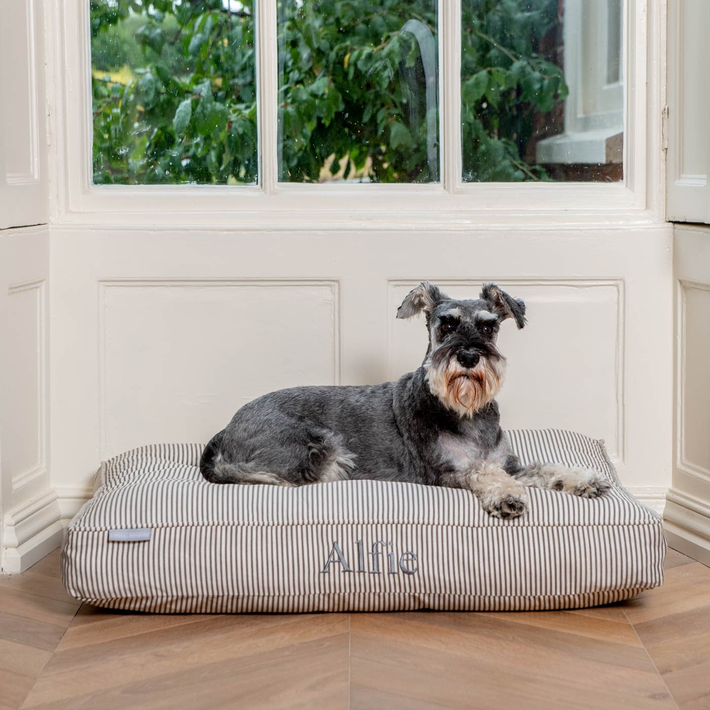 Luxury Dog Cushion, in Regency Stripe. The Perfect Dog Cage For The Ultimate Naptime, Available Now at Lords & Labradors US