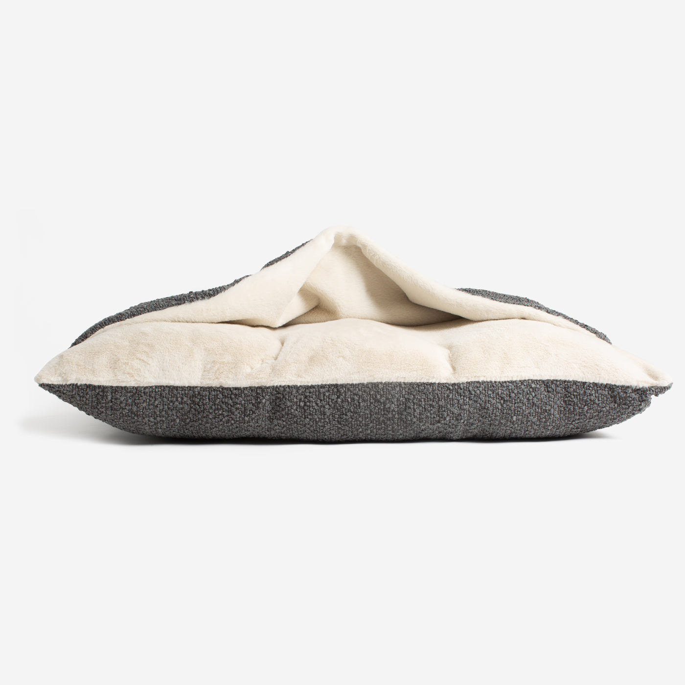 Luxury Boucle Sleepy Burrow, The Perfect bed For a Pet to Burrow. Available To Personalise In Stunning Granite Bouclé Here at Lords & Labradors