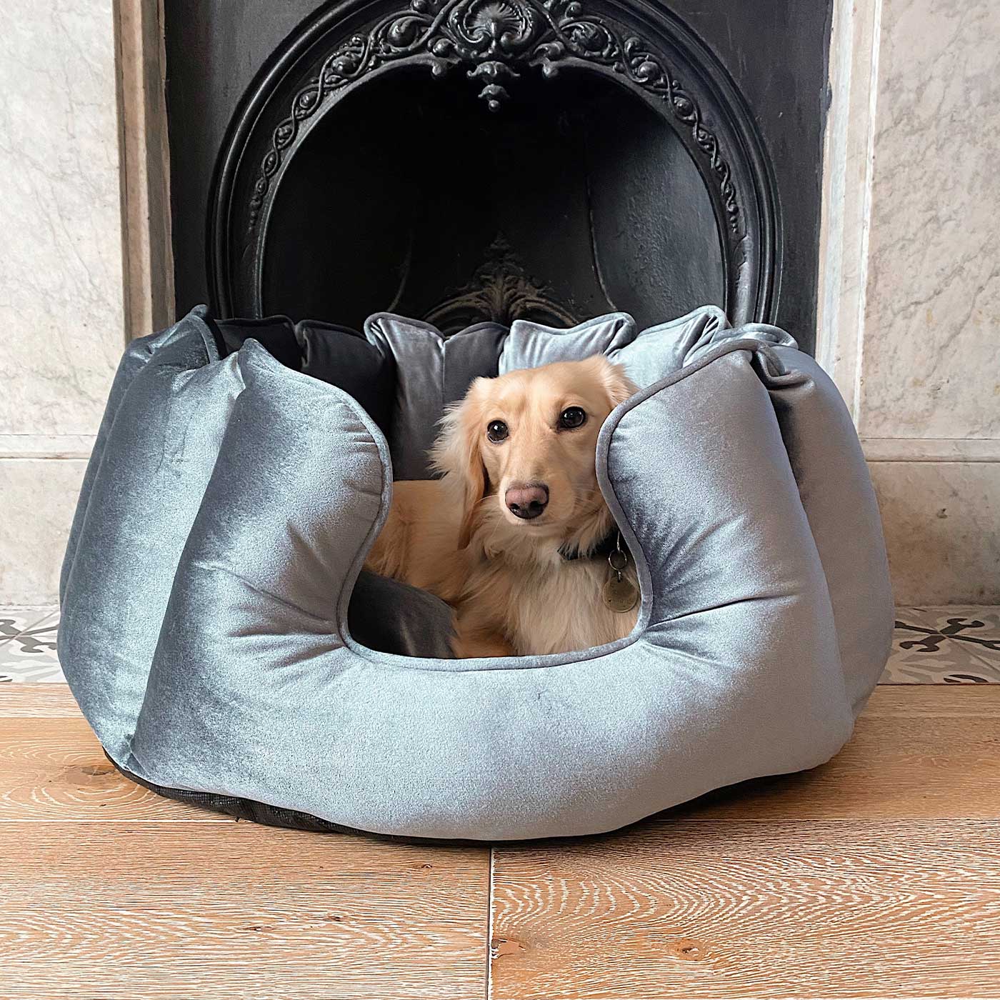Discover Our Luxurious High Wall Velvet Bed For Dogs, Featuring inner pillow with plush teddy fleece on one side To Craft The Perfect Dogs Bed In Stunning Elephant Velvet! Available To Personalize Now at Lords & Labradors US
