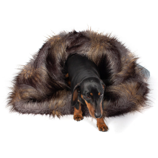 Calming Dog Sleeping Bag, In Luxurious Wolf Faux Fur, The Perfect Pet Bed Time Accessory! Available Now at Lords & Labradors US