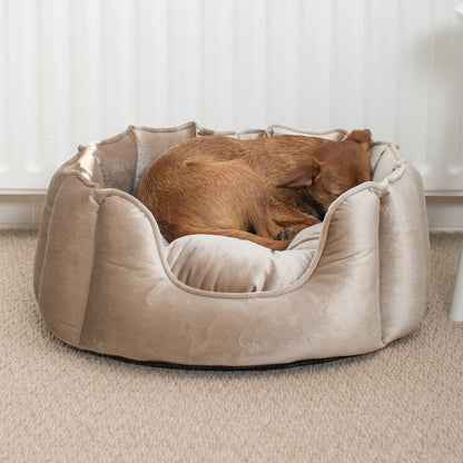 Discover Our Luxurious High Wall Velvet Bed For Dogs, Featuring inner pillow with plush teddy fleece on one side To Craft The Perfect Dogs Bed In Stunning Mushroom Velvet! Available To Personalize Now at Lords & Labradors US