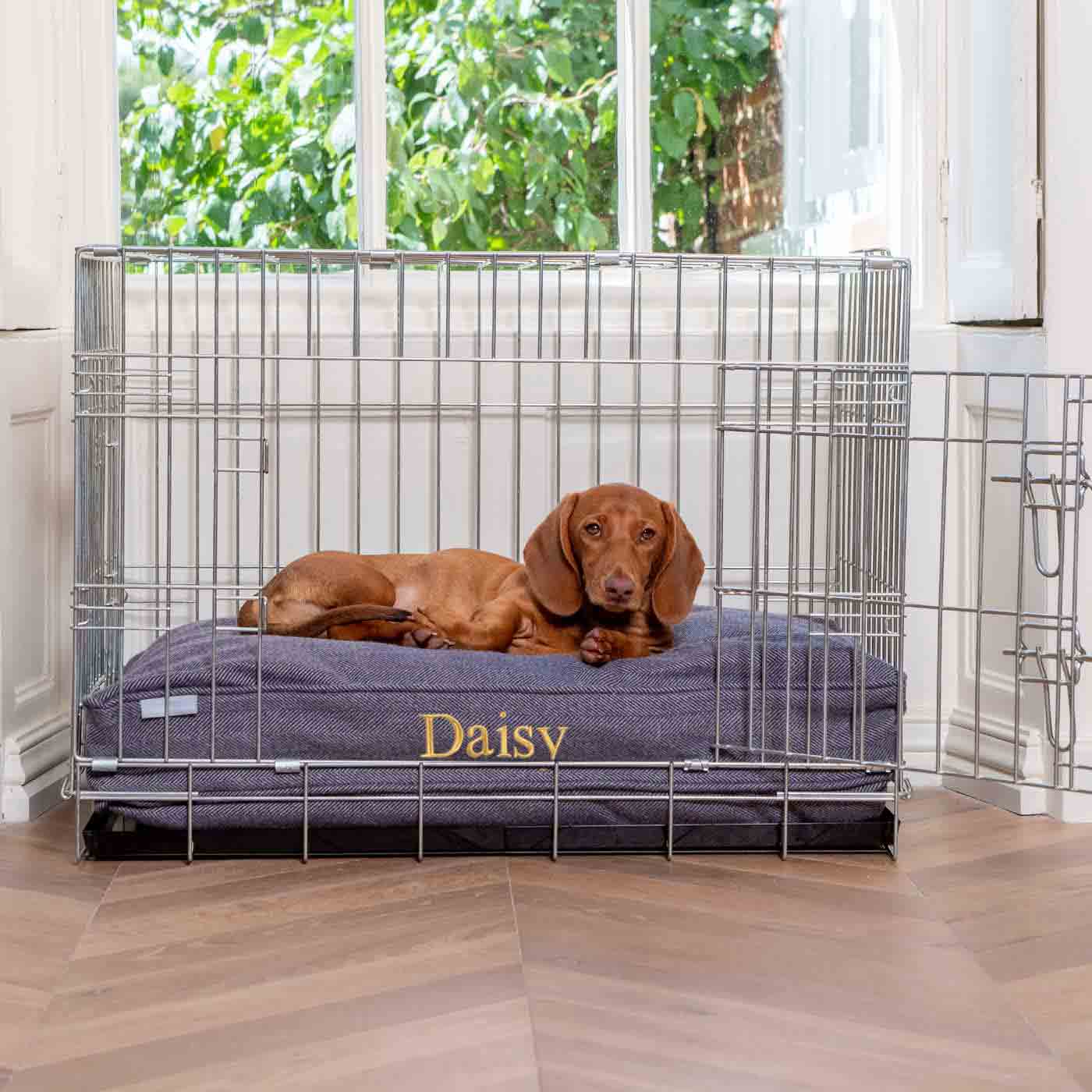 Luxury Dog Cage Cushion, Oxford Herringbone Tweed Cage Cushion The Perfect Dog Cage Accessory, Available To Personalize Now at Lords & Labradors US