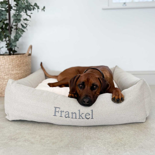 Discover This Luxurious Box Bed For Dogs, Made Using Beautiful Herringbone Fabric To Craft The Perfect Dog Box Bed! In Natural Herringbone, Available To Personalize Now at Lords & Labradors US