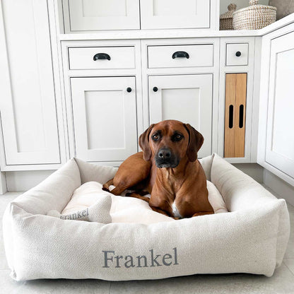 Discover This Luxurious Box Bed For Dogs, Made Using Beautiful Herringbone Fabric To Craft The Perfect Dog Box Bed! In Natural Herringbone, Available To Personalize Now at Lords & Labradors US