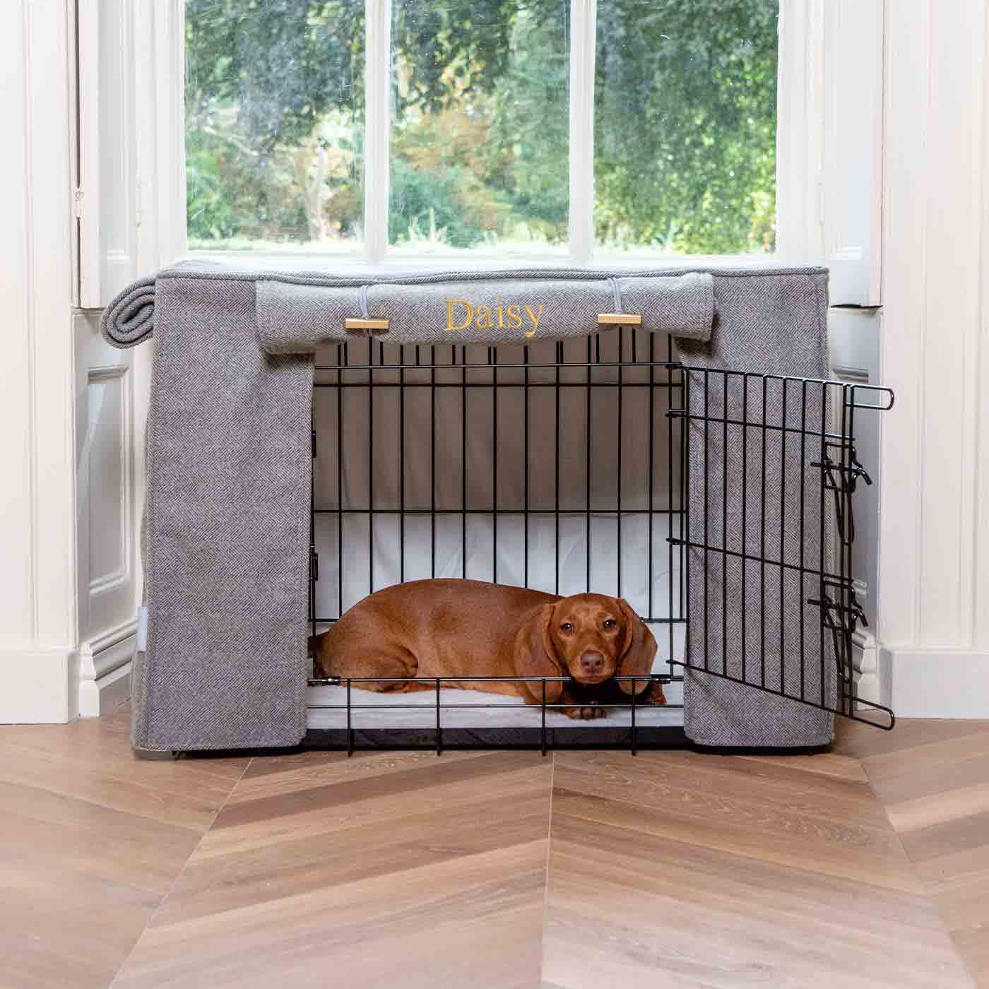 Luxury Dog Cage Cover, Pewter Herringbone Tweed Cage Cover The Perfect Dog Cage Accessory, Available To Personalize Now at Lords & Labradors US
