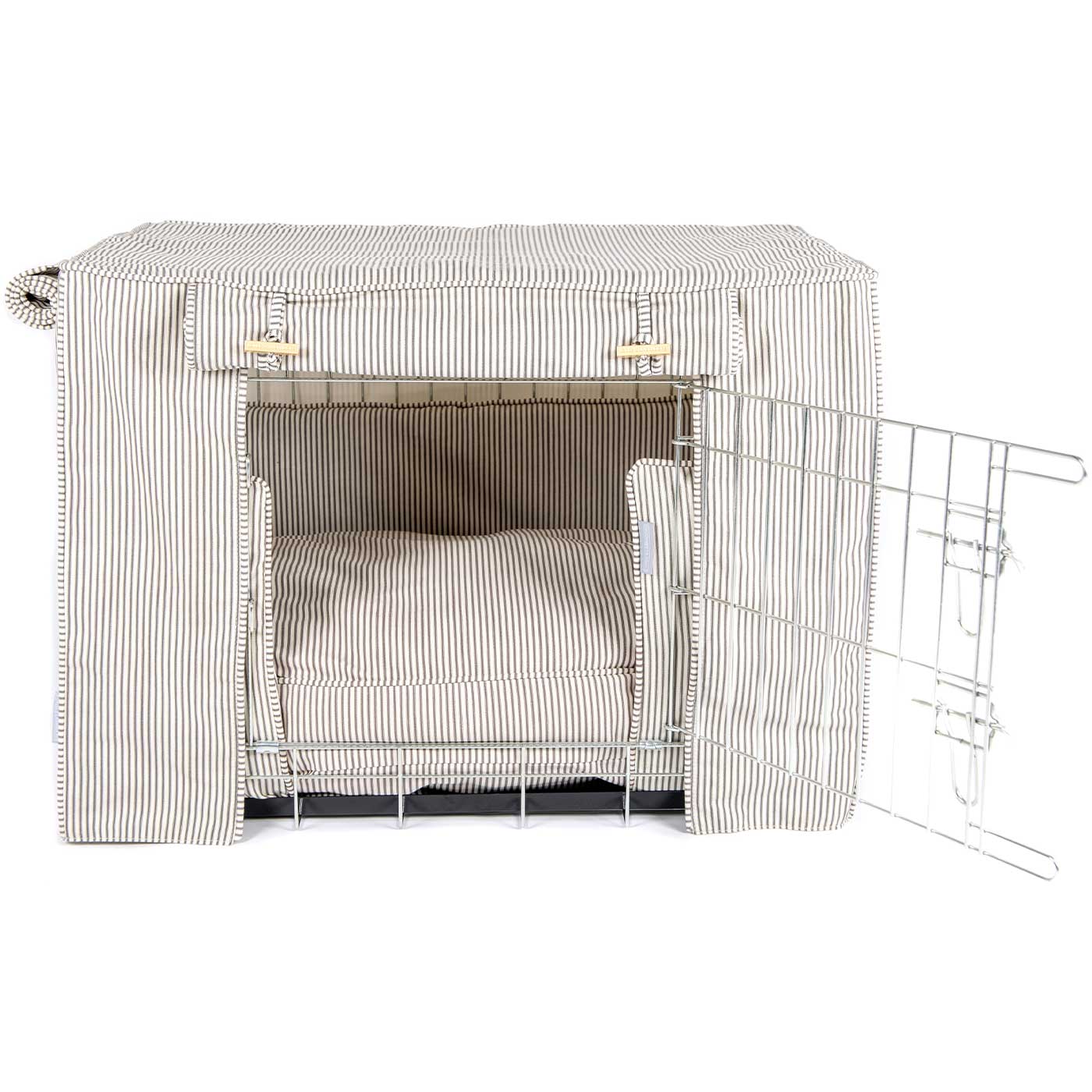 Luxury Silver Dog Cage Set With Cushion, Bumper and Cage Cover, in Regency Stripe. The Perfect Dog Cage For The Ultimate Naptime, Available Now at Lords & Labradors US