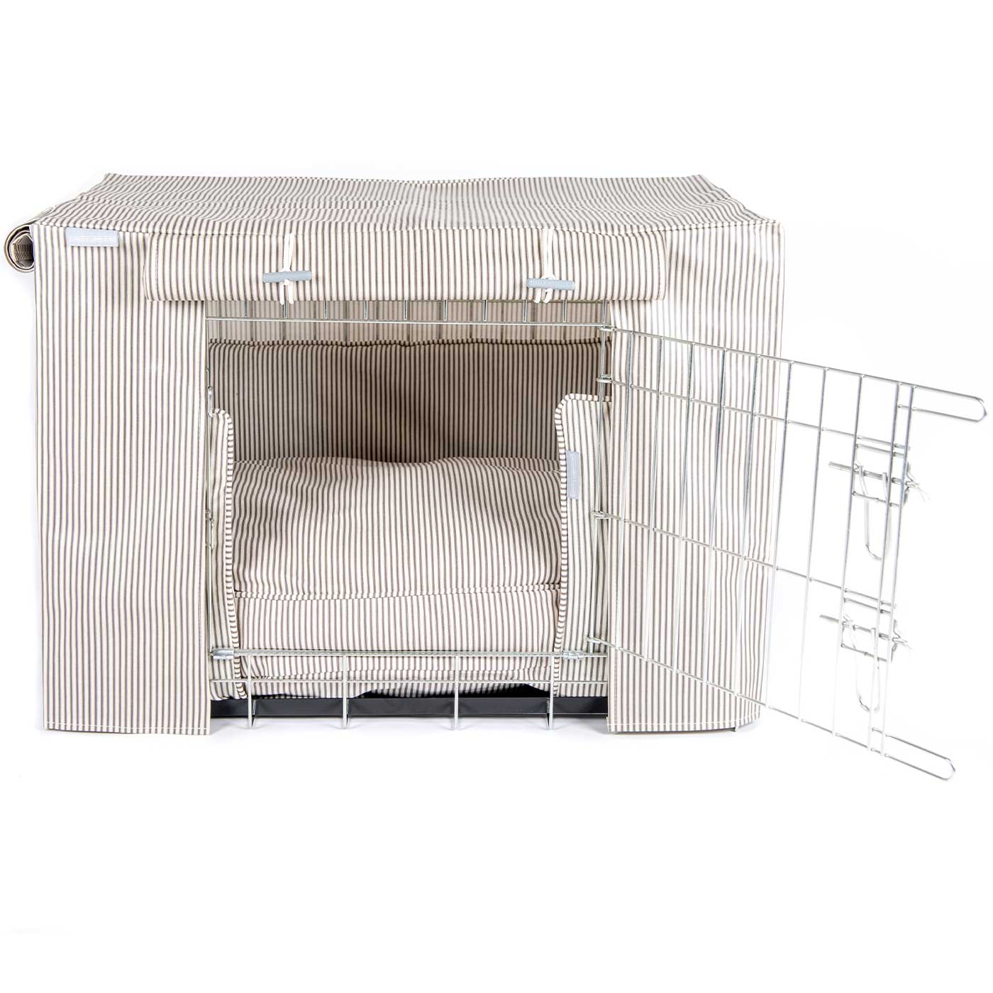 Luxury Silver Dog Cage Set With Cushion, Bumper and Cage Cover, In Regency Stripe Oil Cloth. The Perfect Dog Cage For The Ultimate Naptime, Available Now at Lords & Labradors US