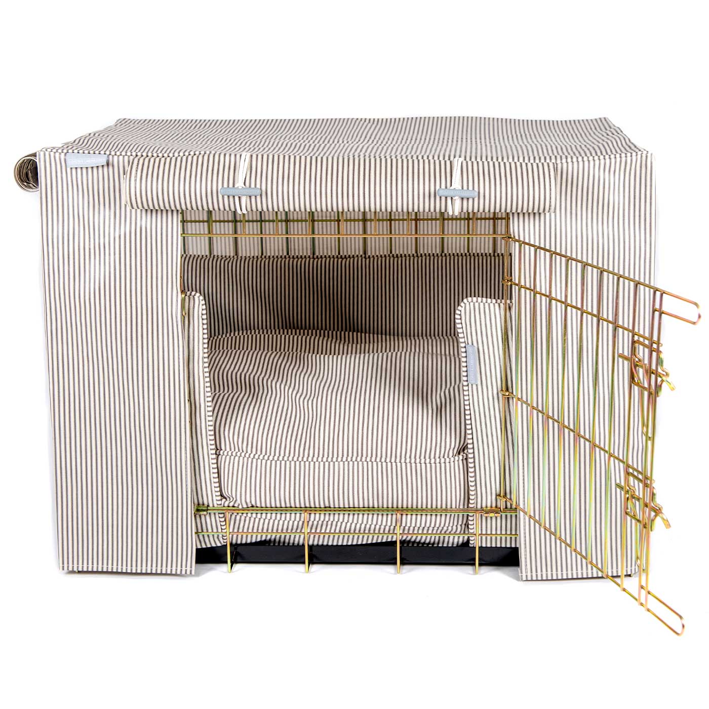 Luxury Gold Dog Cage Set With Cushion, Bumper and Cage Cover, In Regency Stripe Oil Cloth. The Perfect Dog Cage For The Ultimate Naptime, Available Now at Lords & Labradors US