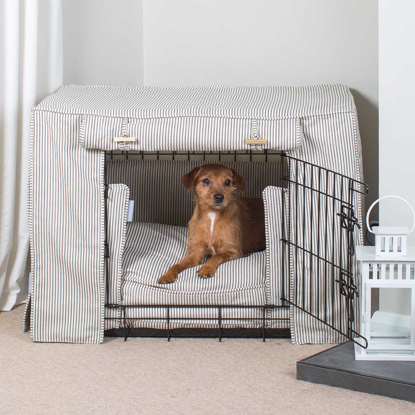 Luxury Black Dog Cage Set With Cushion, Bumper and Cage Cover, in Regency Stripe. The Perfect Dog Cage For The Ultimate Naptime, Available Now at Lords & Labradors US