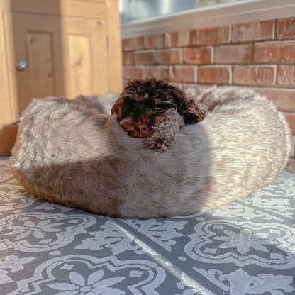 Luxury Anti-Anxiety Dog Bed, In Stunning Siberian Wolf Faux Fur, Perfect For Your Pets Nap Time! Available Now at Lords & Labradors US