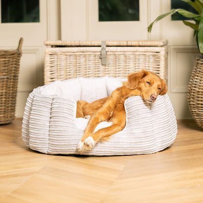 Discover Our Luxurious High Wall Bed For Dogs, Featuring inner pillow with plush teddy fleece on one side To Craft The Perfect Dog Bed In Stunning Essentials Light Grey Plush! Available To Personalize Now at Lords & Labradors US