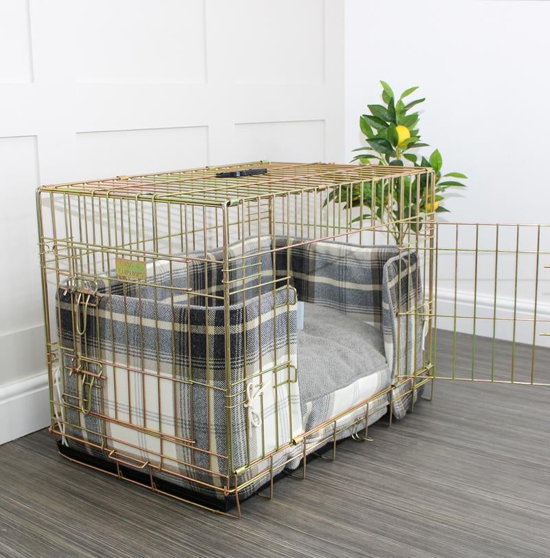 Luxury Gold Dog Cage Cushion and Bumper, in Balmoral Charcoal Tweed Cage Bumper Cover The Perfect Dog Cage Accessory, Available Now at Lords & Labradors US