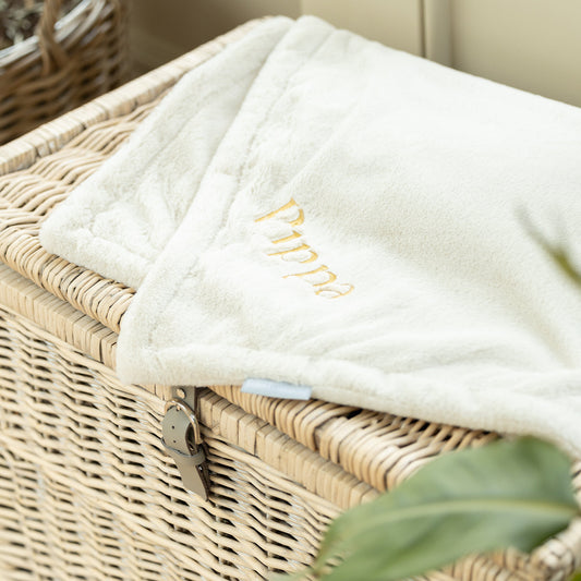 Discover Our Luxurious Anti-Anxiety Dog Blanket In Luxury Cream With Super Soft Plush & Short Faux Fur, The Perfect Blanket For Puppies, Available To Personalize And In 2 Sizes Here at Lords & Labradors US