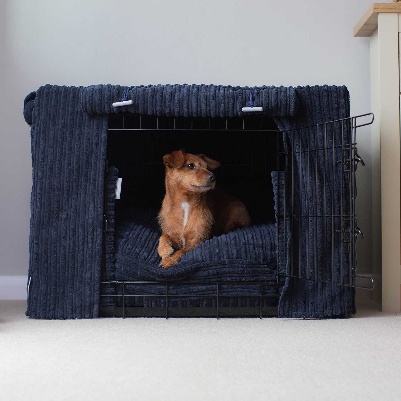 Luxury Dog Cage Set, Essentials Complete Plush Cage Set In Navy! Build The Ultimate Dog Den For The Perfect Burrow! Dog Cage Cover Available To Personalize at Lords & Labradors US